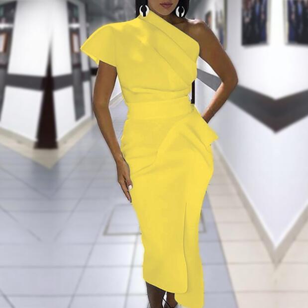 Wenkouban Women Elegant Sexy Solid Yellow Cocktail Midi Dresses Asymmetrical One Shoulder Ruched Formal Party Dress vestiti donna