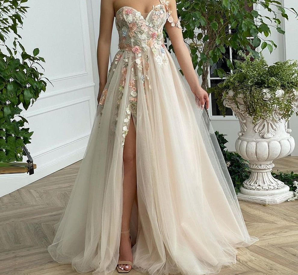 Wenkouban Champagne Sweetheart Tulle Prom Dresses Sleeveless Handmade Flowers High Slit A-Line Prom Gowns Wedding Party Dresses