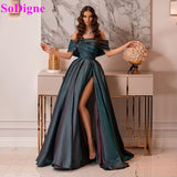 Wenkouban High Side Split Satin Prom Dresses Long Evening Gowns Off The Shoulder Formal Women Dress Evening Party Wear