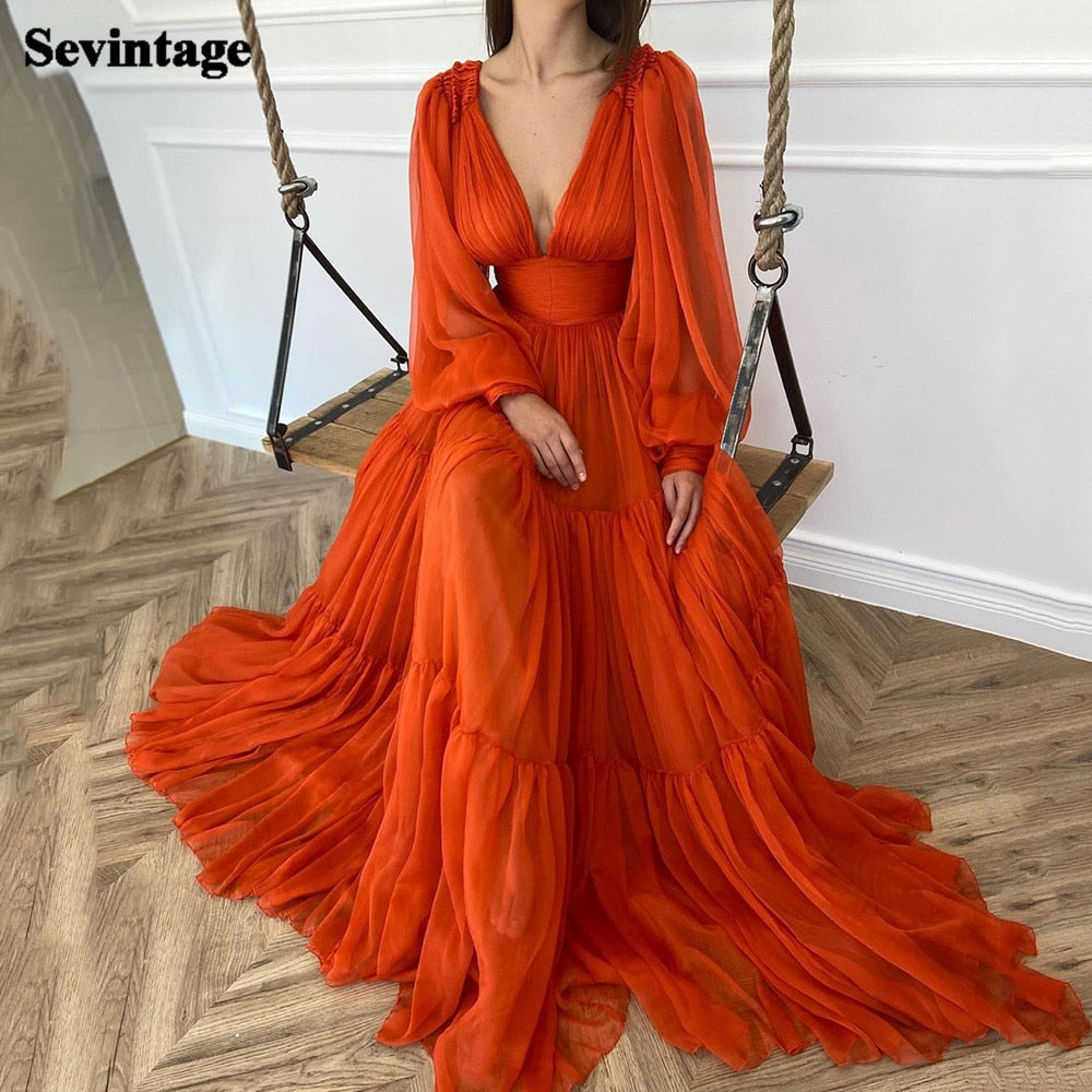 Sevintage Long Puff Sleeves Prom Dresses V-Neck Pleats Chiffon Princess Evening Gowns Women Party Dress Plus Size 2022