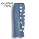 Fashion Chic Woman jeans high waisted 2022 Straight cute female denim long pants trousers vintage daisies printed women jeans