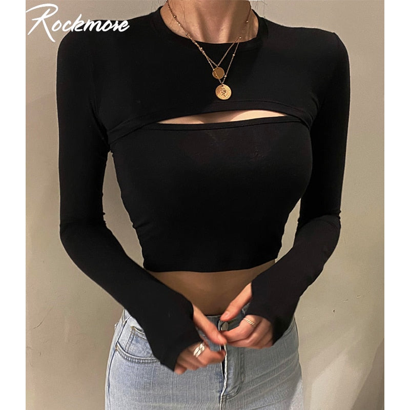 Graduation Gifts Sexy Hollow Out T Shirt and Cami Crop Top Womens Harajuku Long Sleeve Streetwear Basic Women Tight Tees 2 Piece Suit