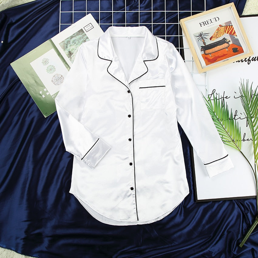 Wenkouban Pocket Sleepwear White Long Sleeve Robes For Women Pajama Elegant Sleep Tops Night Shirt Sexy Satin Bathrobe Female Spring 2022