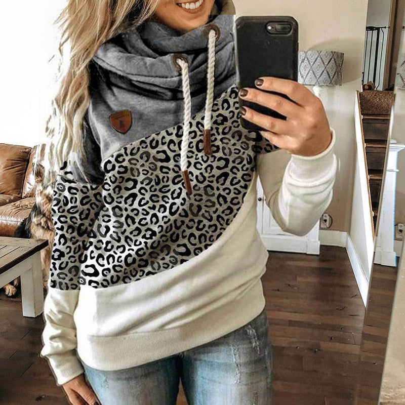 Wenkouban Turtleneck Patchwork Hoodies Women Casual Fashion Long Sleeve Leopard Printed Hooded Sweatshirts Female Winter Warm Pullovers