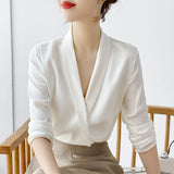 Graduation Gifts   Office Lady Long Sleeve White Blouse Tops New Autumn Fashion Silk Women Shirts V-Neck Chiffon Satin Blouse Blusas Mujer 17798