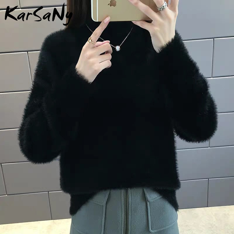 Back To School Winter Mink Cashmere Thick Sweater Women Jumper White Pull Femme Loose Pullover Knitted Fluffy Sweaters For Women Winter
