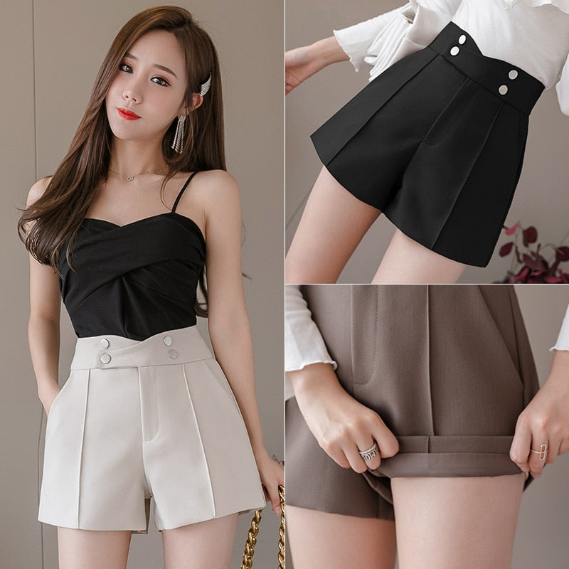 Graduation Gifts Plus Size Suits Shorts Women 2020 Summer New High Waist Solid Black Office Work Shorts Ladies Pocket Gray Wide Leg Trouser S-XL