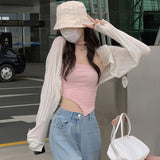 Wenkouban Sexy Knitting Shrugs Women Chic Crop Tops Basic Bolero All Match Loose Sun Protection Translucent Fashion Knitwear Long Sleeve