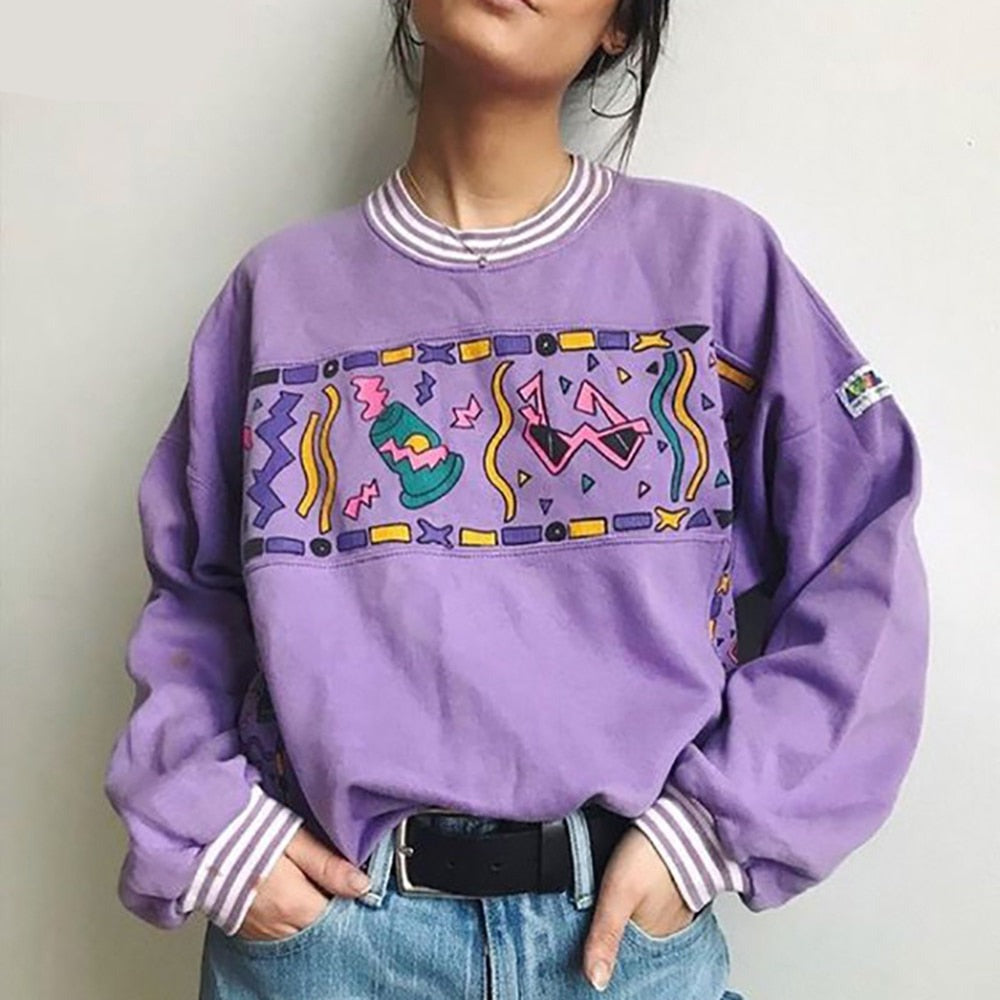 Wenkouban Women Hoodies Purple Autumn Round Neck Young Girls Female Printed Clothes Loose Cute Women Pullover Sweatershirts Oversize