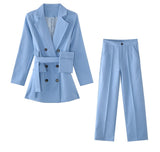 Wenkouban Women Office Pant Suit Double Breasted Full Sleeve Blazers Jacket+Wide Leg Pant Two Pieces Set Lady Outfits Work Clothes