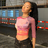 Wenkouban Print Mesh Crop Top Summer Woman Half Sleeve Tie Dye Pink Tshirts Streetwear Sexy Round Neck Slim See Through Graphic Tees
