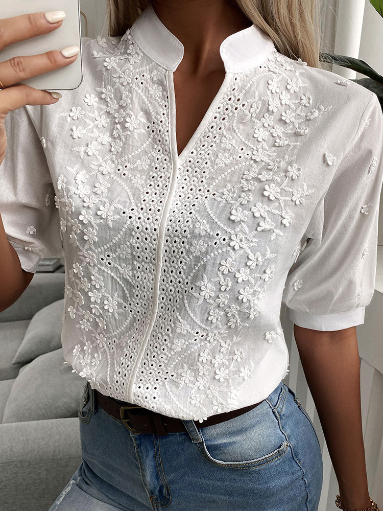 Graduation Gifts  Summer Women Casual Chic Plus Size White Blouses V Neck Hollow Out Floral Pattern Eyelet Embroidery Half Sleeve Daily Wear Top