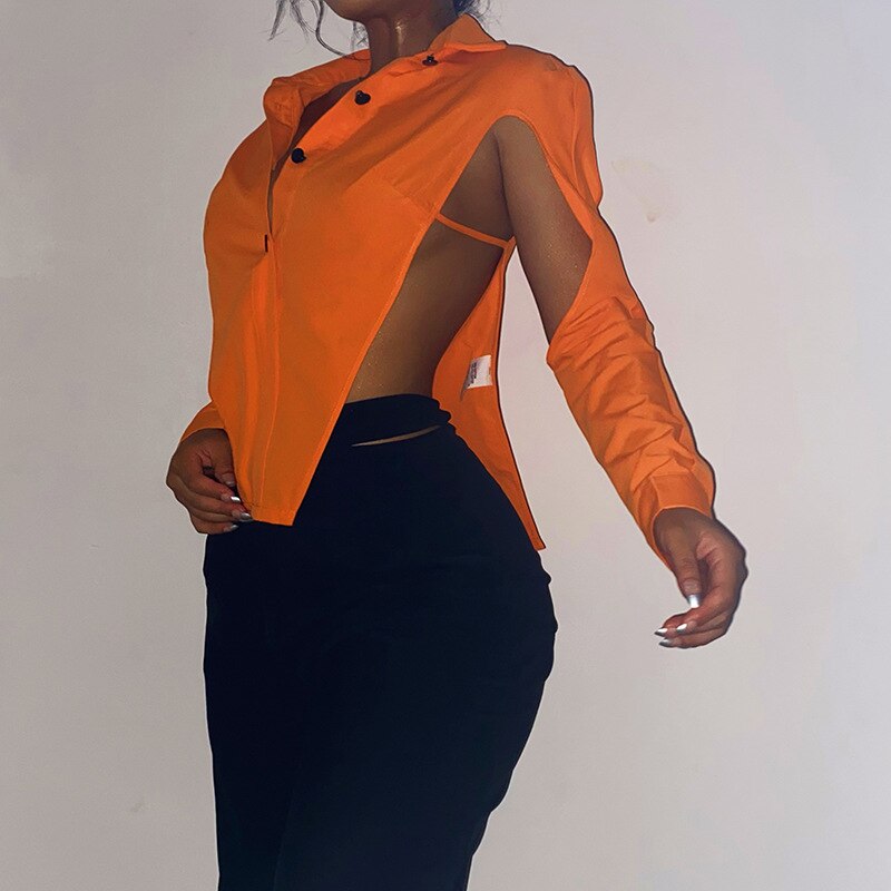 Wenkouban  Fall 2022 Fashion Womens Orange Cut Out Sexy Party Tops Long Sleeve Blouse Solid Color Button Up Shirt