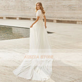 Vintage Wedding Dresses Bohemian Straight V-Neck Short Sleeves Chiffon Lace A-Line Court train Bridal Gowns