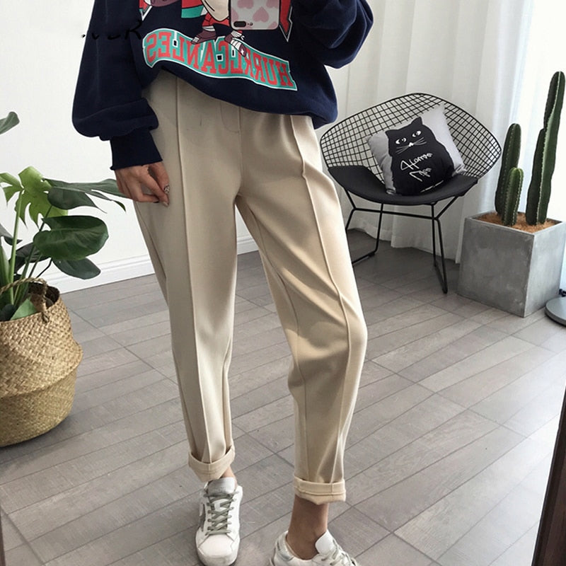 Women Winter Pencil Pants Thicken Warm Wool Solid Casual Loose High Waist Trousers Female Ankle-Length Straight Work Suit Pants