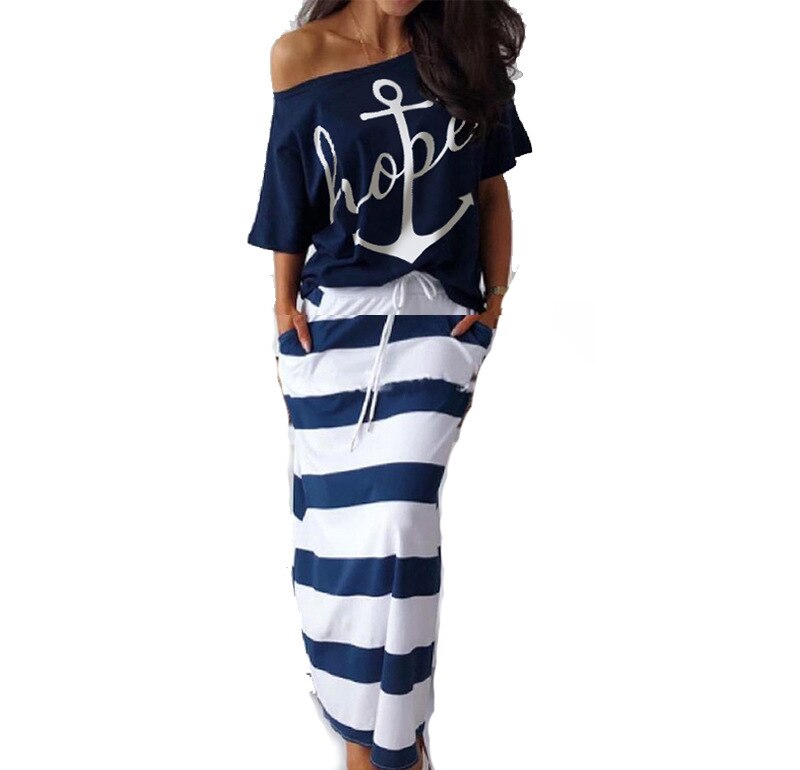 WENKOUBAN 2022 hot style navy casual anchor letter print short-sleeved T-shirt + skirt suit