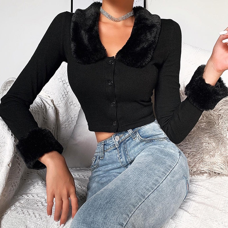 Wenkouban Graduation Gifts Black Long Sleeve Women Fluffy Turn-down Collar Button Autumn Women Shirt Warm Cropped Top Slim Elastic Casual Tops