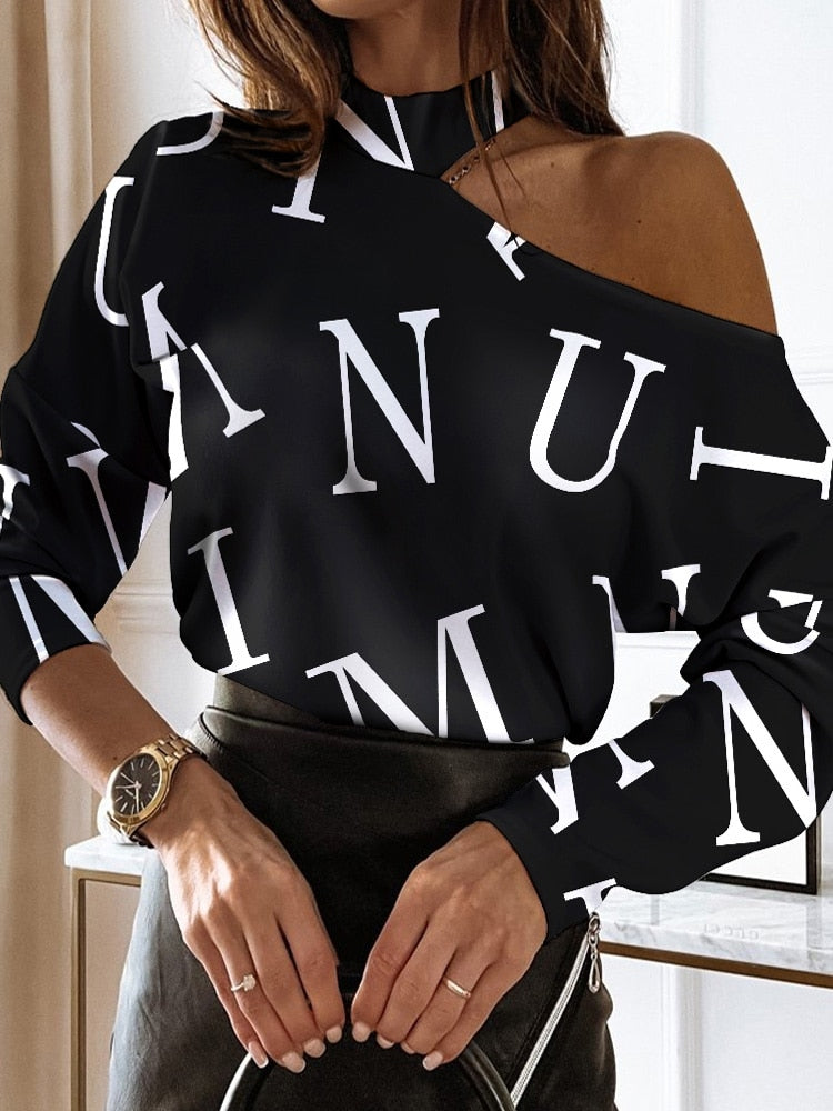 Back to School Women Elegant Fashion Long Sleeve Blouses Tops Could Shoulder Letter Casual Blouse