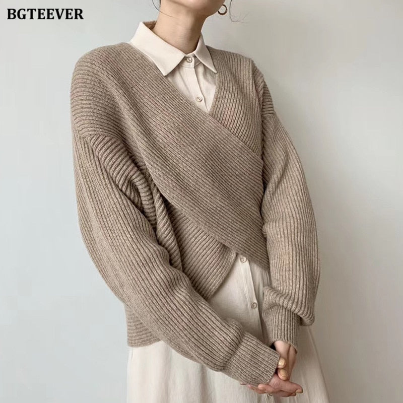 Wenkouban Fashion V-neck Cross Women's Sweater Jumpers Streetwear Loose Knitwear Autumn Winter Solid Female Knitted Pullovers