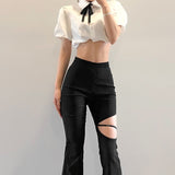 Mesh Asymmetrical Yamamoto sleeve T-Shirts Women Sexy Cute Slope Neck Ruffles Fashion Tide Autumn Crop Tops 2022 chic