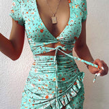 Wenkouban Women Summer Ruffles Cut Out Design Leopard Print Dress Elegant Fashion V-Neck Ruffle Party Mini Dress Ladies Holiday Beach