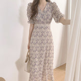 Graduation Gifts   New Summer Chiffon Dress Women Vintage Floral Print Long Dress V-neck Short Sleeve Casual Party Ladies Dresses Femme Robe 9813