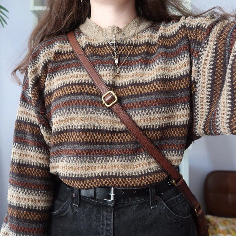 Casual Pullover Women Stripe Sweater Vintage Knitted Sweaters O Neck Loose Sweater Women Long Sleeve Kintwear Sueter De Mujer