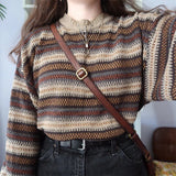 Casual Pullover Women Stripe Sweater Vintage Knitted Sweaters O Neck Loose Sweater Women Long Sleeve Kintwear Sueter De Mujer