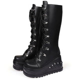 Wenkouban 2023 Band Goth Platform Wedges Punk Chunky Mid Calf Boots Women Thick Heel Autumn Trendy Cosplay Casual Shoes Women