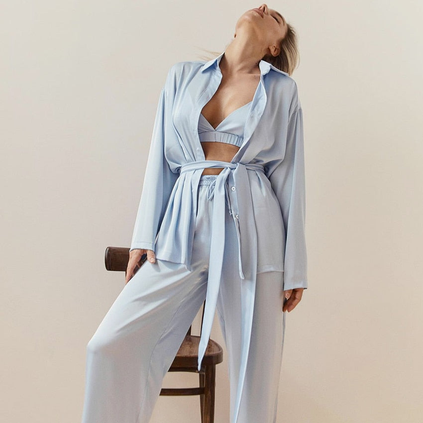 Hiloc Solid Sleepwear Turn Down Collar Women Pajama Nightwear Lace Up Pajamas Set Woman 3 Pieces Satin Nightie Set Woman 3 Piece