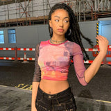Wenkouban Print Mesh Crop Top Summer Woman Half Sleeve Tie Dye Pink Tshirts Streetwear Sexy Round Neck Slim See Through Graphic Tees
