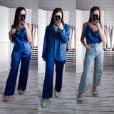 Wenkouban Blue Sleeveless Sexy Pyjamas For Women Sleepwear Satin Two Piece Set Elastic Waist Flare Pants Home Suit Sets Spring 2021