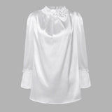 Women Satin Blouses Elegant Long Sleeve Silk Tops 2022 Pearl Stand Collar Female Office Shirts Solid Casual Party Blusas