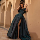 Wenkouban High Side Split Satin Prom Dresses Long Evening Gowns Off The Shoulder Formal Women Dress Evening Party Wear