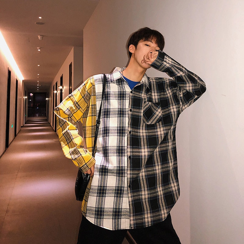 Wenkouban Men Oversized Cotton Plaid Shirt 2023 Man Hip Hop Patchwork Button Up Long Sleeve Shirt Couple Korean Harajuku Clothing