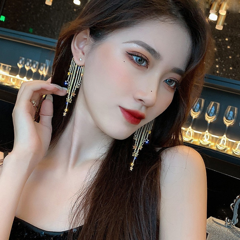 Wenkouban Fashion Stars Tassel Dangle Earrings for Women 2022 New Korean Gold Color Metal Punk Long Chains Crystal Earings Femme Jewelry
