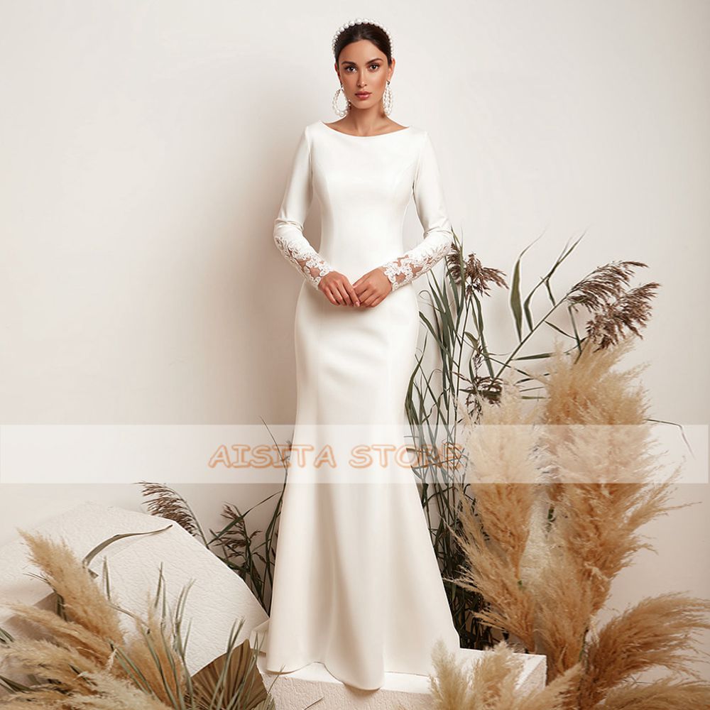 Saudi Arabic Mermaid Wedding Dresses 2021 Modest Scoop Neck Lace Appliques Long Sleeve Sweep Train Bridal Gowns Vestido De Novia