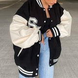 Wenkouban Autumn Oversized Baseball Jacket Women Fashion Leather Long Sleeve Patchwork Letter Print Streetwear Varsity Bomber Jacket