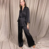 Wenkouban Solid Color Sleepwear Loose Flare Home Pants Three Quarter Sleeve Satin Robe Sets Bathrobe For Women Pajama Fashion Spring 2022