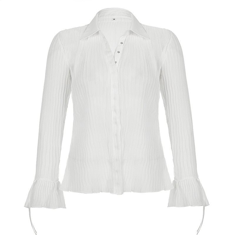 Sexy Mesh Blouses Women Y2K Long Sleeve Transparent Shirt Elegant Streetwear See Through Button White Top