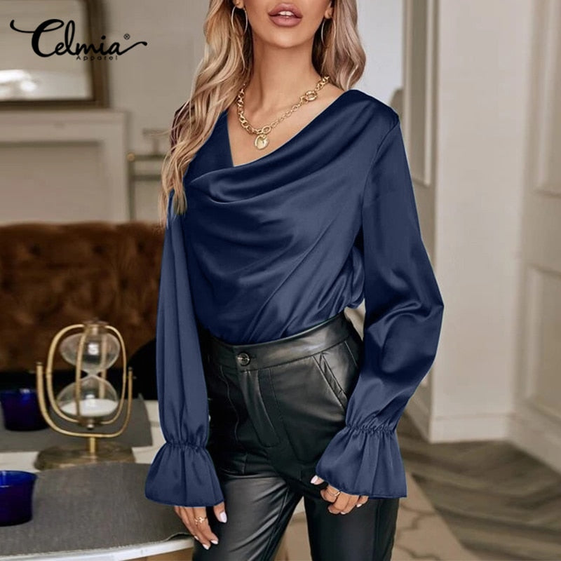 Women Satin Tops Tunics Autumn Blouses Celmia 2022 Fashion Casual Sexy Cowl Neck Elegant Shirts Long Flare Sleeve Party Blusas