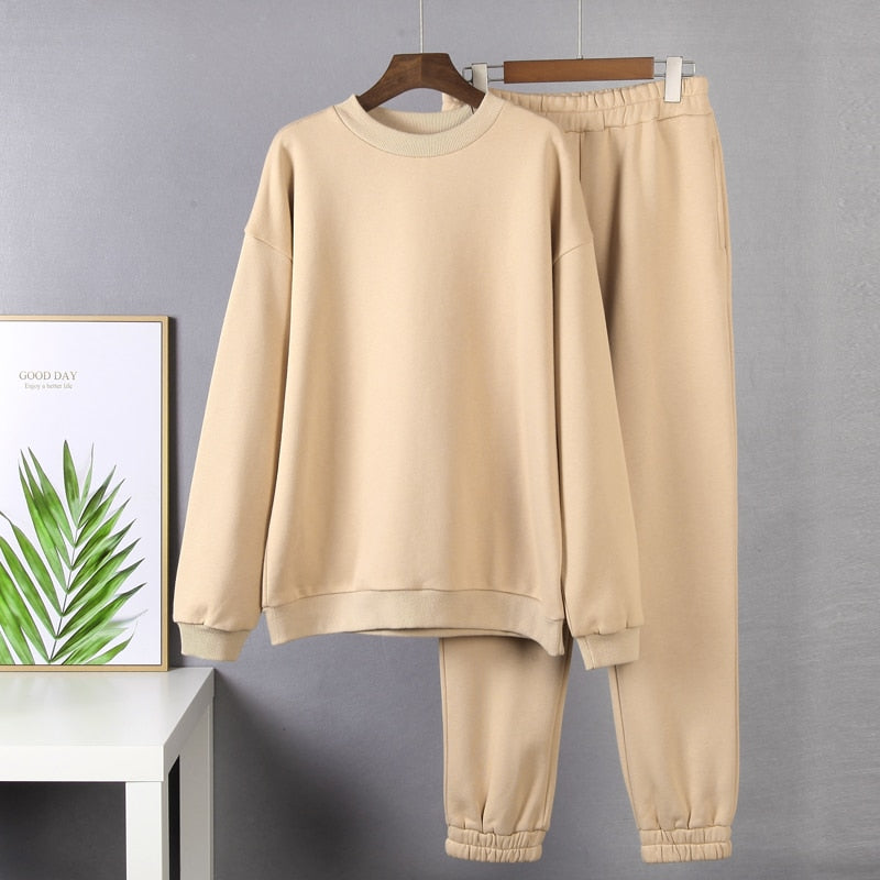 Christmas Gift Cotton Sets Women 2022 New Autumn Winter Warm Casual Two Pieces Fleece Tops and Pants Loose Solid Sweatpants Pullover