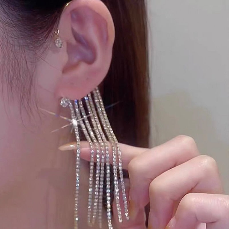 Wenkouban 20 Style Luxury Shiny Crystal Rhinestone Long Tassel Ear Cuff No Pierced Ear Clip Earrings For Women Wedding Korean Trend Jewelry