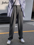 Wenkouban Black Suit Pants Women Spring Office Lady Straight Trousers Solid Color High Waist Pockets Pants Gray Button Zipper Pants