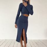 Wenkouban Skinny Turtlenecks Midi Skirts Set For Women 2023 Autumn Crop Tops Side Split Hip Package Skirt Sets Ladies Sexy Club Party Suit