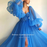 Wenkouban Simple Blue Prom Dresses Long Puff Sleeves Exposed Boning Illusion Evening Dresses High Slit Tulle A-Line Formal Gowns