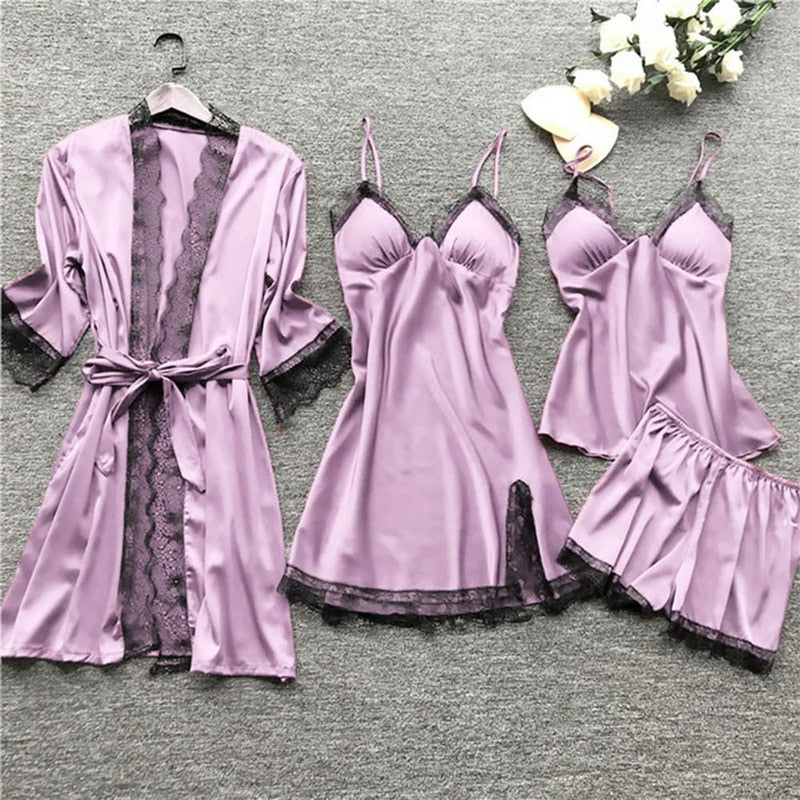 4 Pieces 2021 Women Pajamas Sets Satin Sleepwear Silk Nightwear Pyjama Soild Strap Lace Sleep Lounge Pijama With Chest Pads