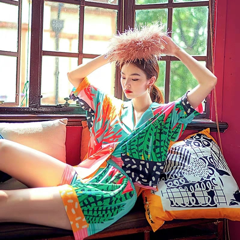 Wenkouban New Women's Pajamas Set Bohemian Style Chinese Folk Print Sleepwear Small Collar Silk Like Leisure Home Clothes Nightwear