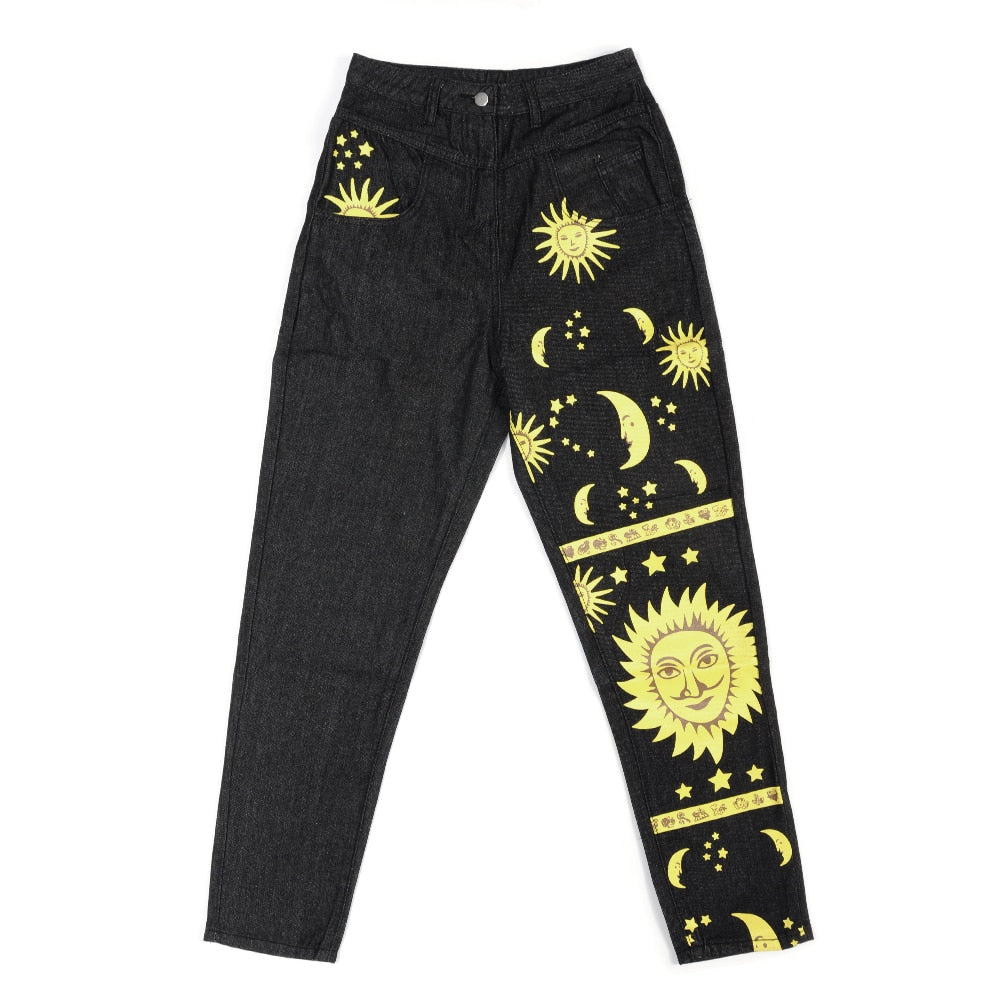 Fashion Sun Star Printed Pants Jeans Women Autumn Black High Waist Young Girls Chic Denim Trousers Woman Cool Boyfriends Jeans