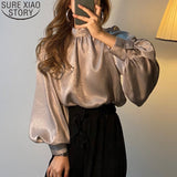 Graduation Gifts  Elegant Fashion Women Satin Blouse Puff Sleeve Satand Collar Korean Long Sleeve Shirt Office Lady Spring Blouses Blusas 12944